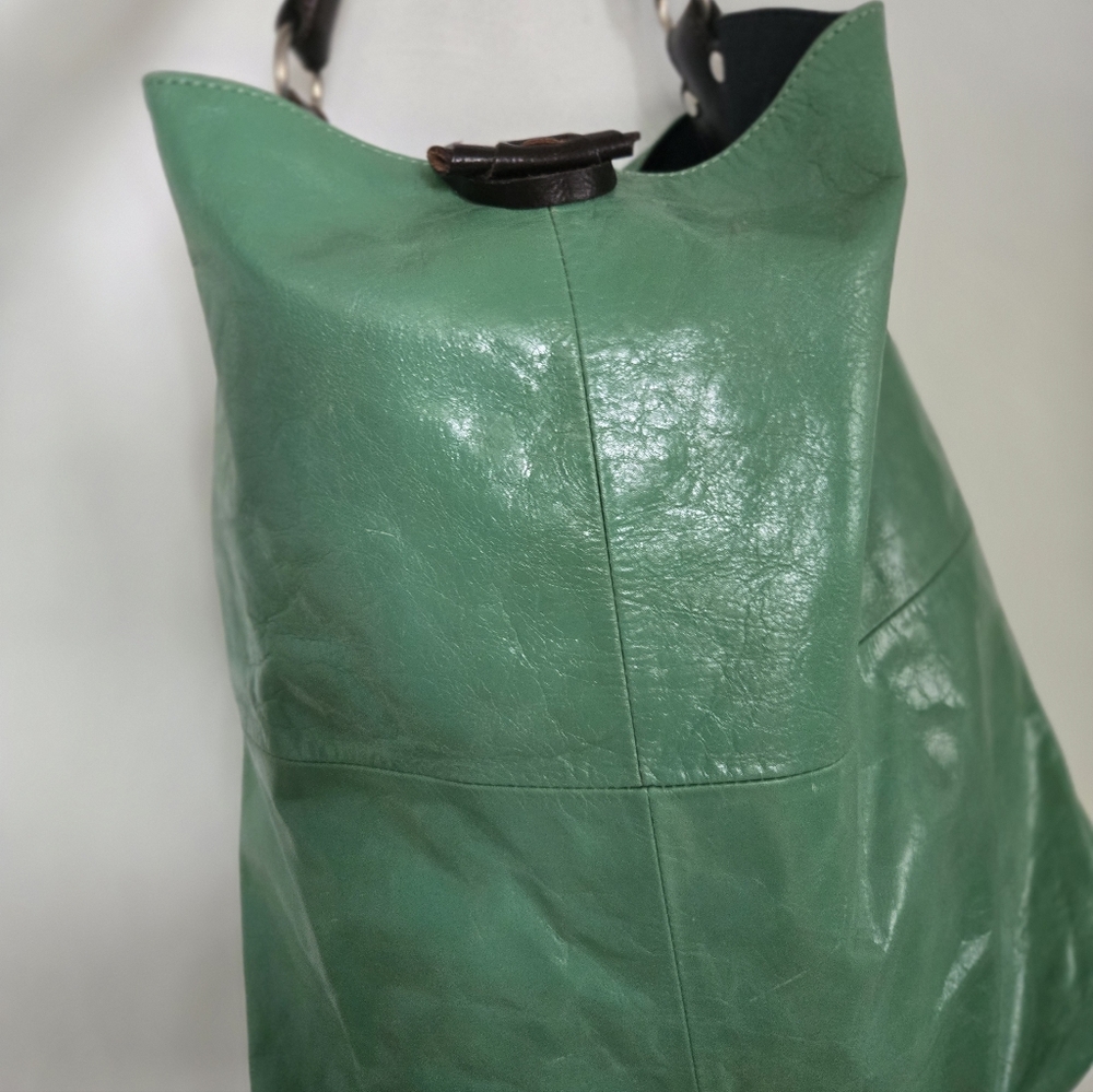 ​Tano Mint Green Leather Hobo Bag Tassel Whipstitch Handle Boho Slouchy - Picture 15 of 16